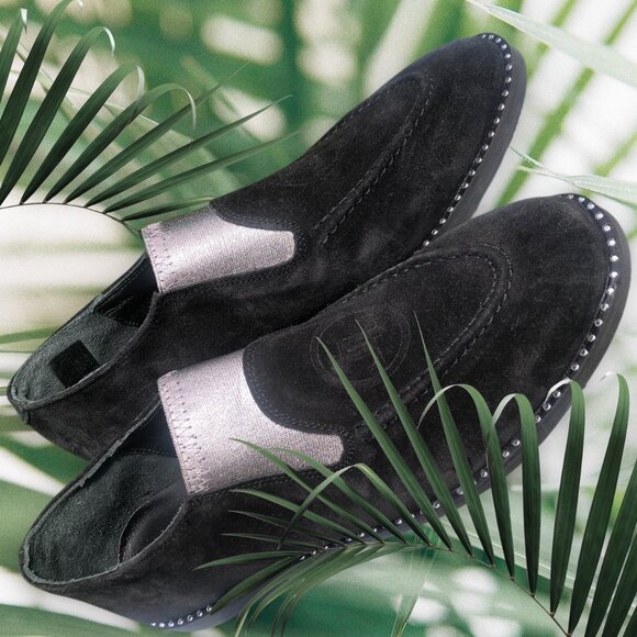 Luccini Other - LUCCINI Elegant Black Suede Silver Elastic Ribbon Insert Loafers NEW Sz 7.5